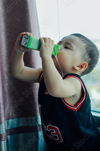 Portrait healthy school boy drinking glass of milk for breakfast, Happy child sitting in dining room drinking warm milk before go to school. Healhty food liftstyle concept
 photo