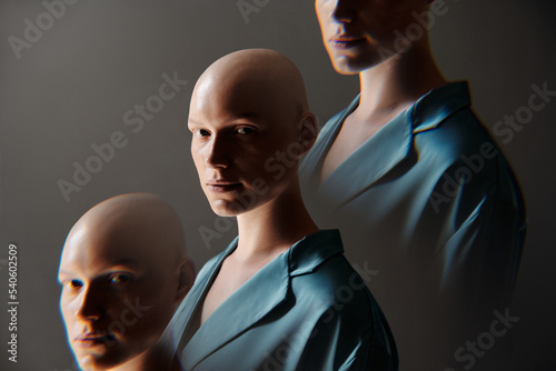 Portrait of woman with shaved head looking at camera with her reflection in background photo