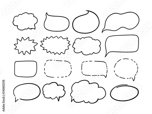 A hand-drawn collection of conversation elements, message boxes. Simple doodle sketch style. Vector illustration. 