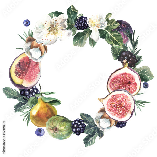Wreath of fruits and berries on a white background. Watercolor hand painted illustration. Element for design of invitations, movie posters, fabrics and other objects