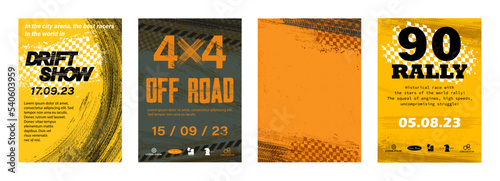 Plakat Motorsport posters template in grunge style. Tire tracks, flying spray, racing flag - dirty style grunge for Poster or flyer - motorsport, rally, off road, drift, racing. Vector tire tracks flyers set