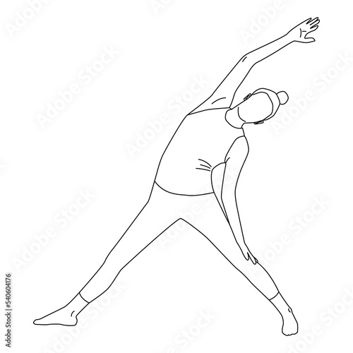 Line art of woman exercising in leteral trunk stretching vector. Girl spreading her legs lift up right arm benting to left side.