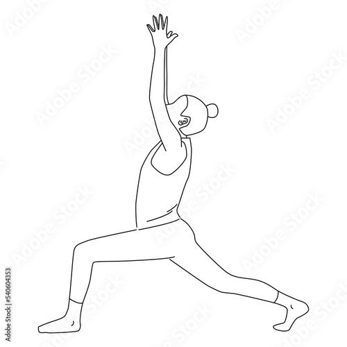 Line art of woman doing Yoga in warrior 1 pose vector.