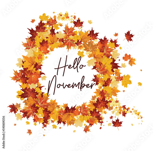 hello November hand lettering with autumn leaves frame