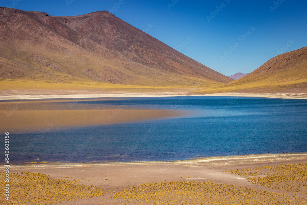 Laguna Miniques, salt lake in Atacama desert, volcanic landscape, Chile