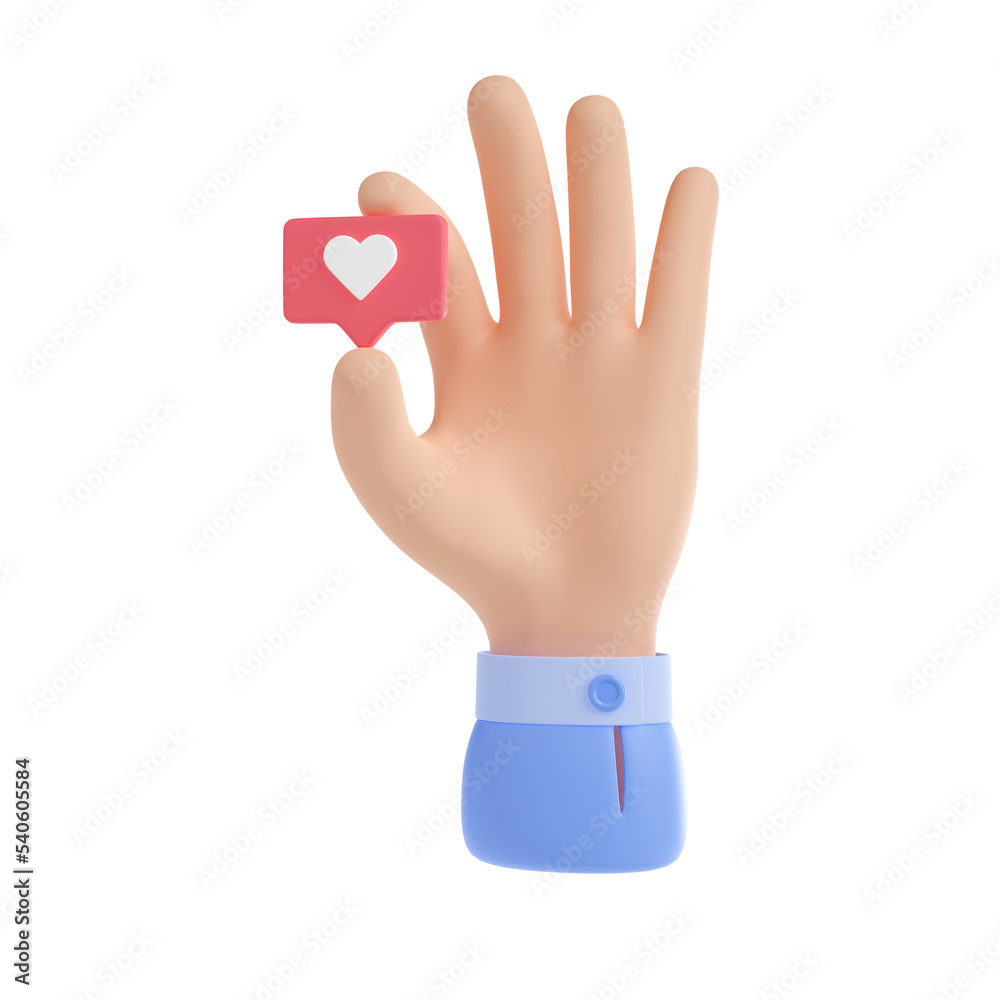 3D illustration of hand with like message isolated on white background. Human fingers holding red heart speech bubble. Customer feedback icon. Symbol of satisfaction, love. Social media communication 3D illustration of hand with like message isolated on white background. Human fingers holding red heart speech bubble. Customer feedback icon. Symbol of satisfaction, love. Social media communication