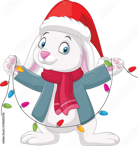 Cartoon rabbit wearing santa hat and scarf with christmas lights