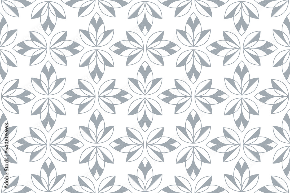 Flower geometric pattern. Seamless vector background. White and gray ornament. Ornament for fabric, wallpaper, packaging. Decorative print. Flower geometric pattern. Seamless vector background. White and gray ornament. Ornament for fabric, wallpaper, packaging. Decorative print.