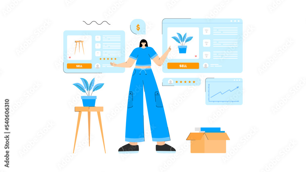 illustration for online buying and selling website, illustration of a woman for website, vector with modern and flat style