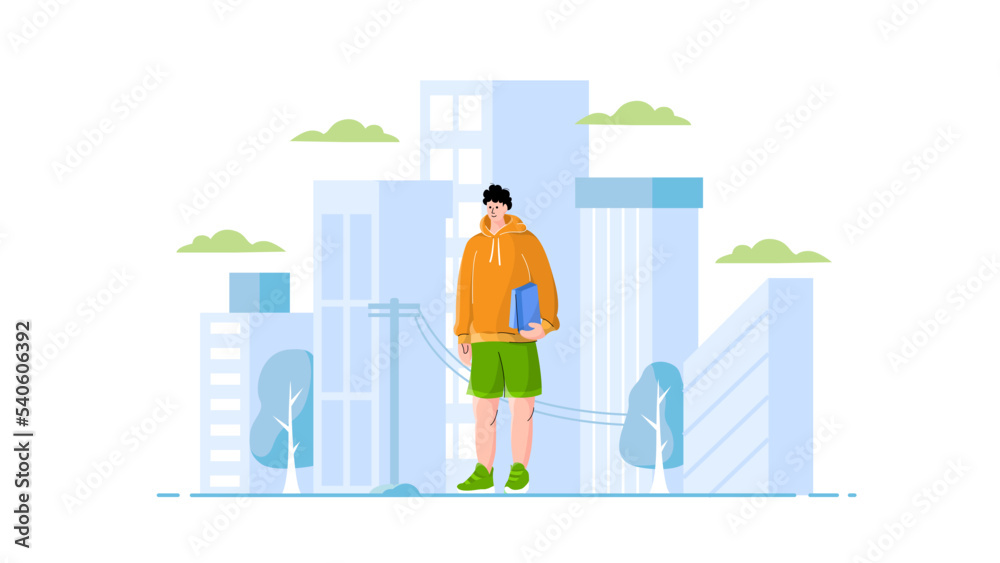 illustration of a boy holding a book with a city background, vector with a flat and modern style