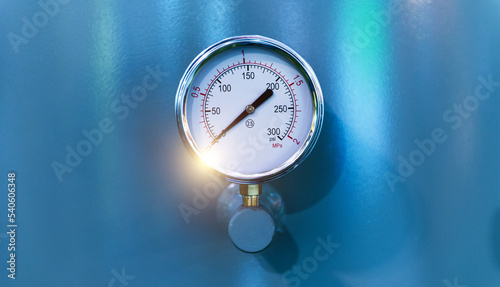 Closeup of pressure gauge measuring instrument photo