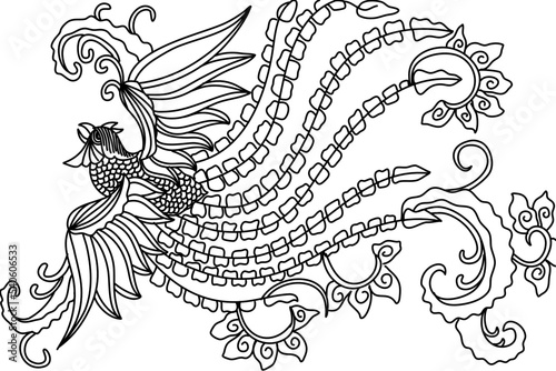Phoenix line art illustration. Hand Drawn Mythical creature with doodle style. 
Vector bird for coloring book, bag, wall decoration, book cover, textile, and poster.
