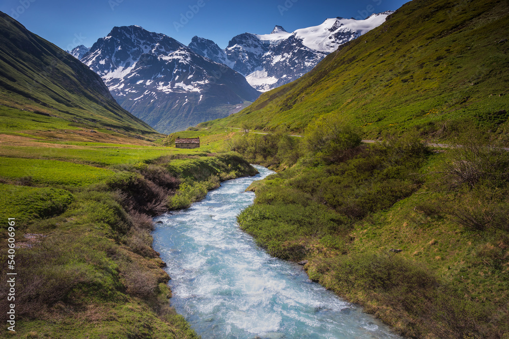River in idyllic and dramatic landscape of Haute Savoie in Vanoise, France River in idyllic and dramatic landscape of Haute Savoie in Vanoise, France