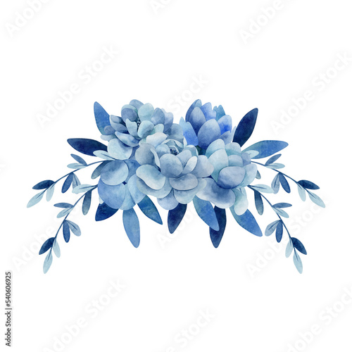 Fototapeta Naklejka Na Ścianę i Meble -  Watercolor composition with indigo blue branches, leaves and flowers. Hand drawn bouquet arrangement with roses and peonies. Floral clipart.