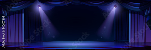 Dark theater stage with spotlights, curtains and empty space for text. Theatre interior, empty scene with luxury velvet drapes and decoration, music hall, opera, drama, Cartoon vector background