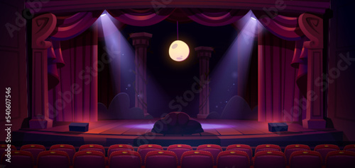 Theater stage with red curtains, spotlights and moon. Theatre interior with empty wooden scene, luxury velvet drapes and decoration, music hall, opera, drama cartoon background, Vector illustration
