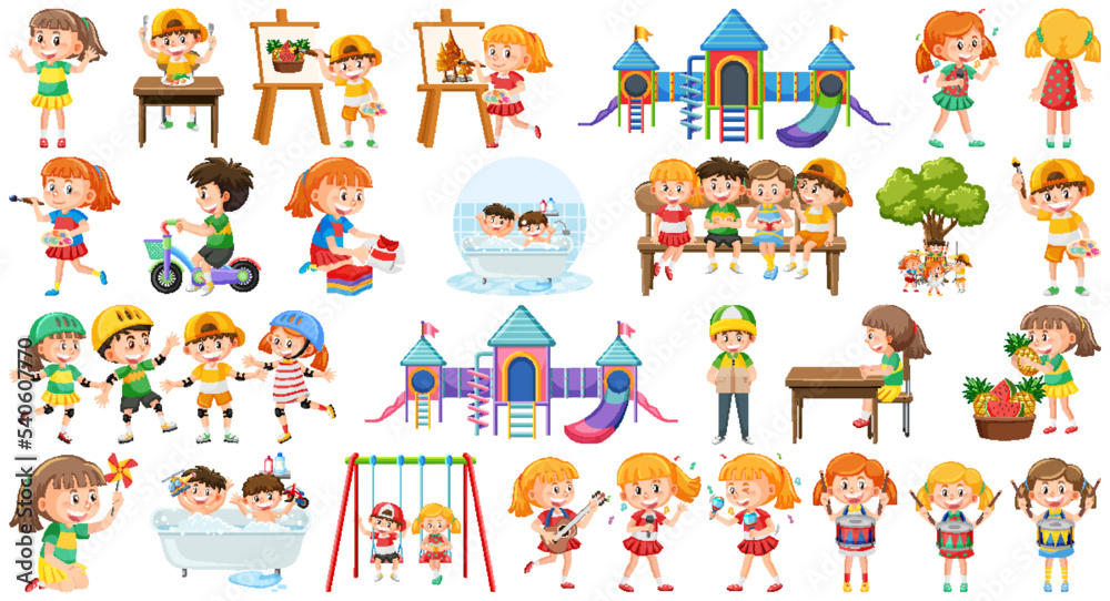 Set of children doing different activities Set of children doing different activities