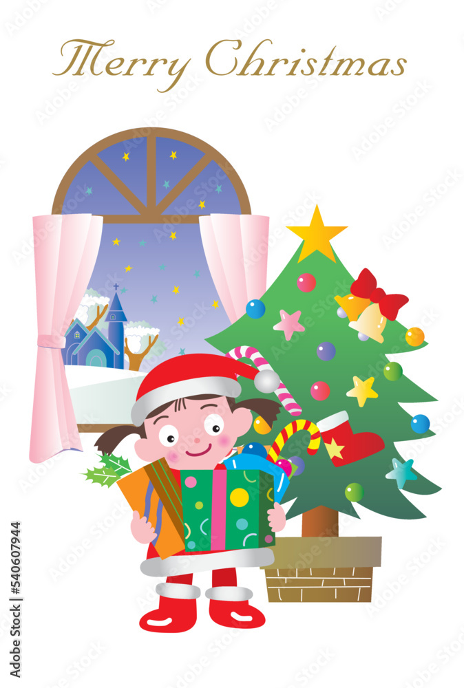 サンタクロースのかっこうをした女の子のクリスマスカード

