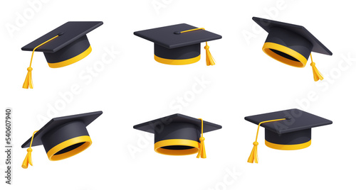 Graduates cap, university or college student hat in different view. Black mortarboard with yellow ribbon and tassel isolated on white background, 3d render illustration photo