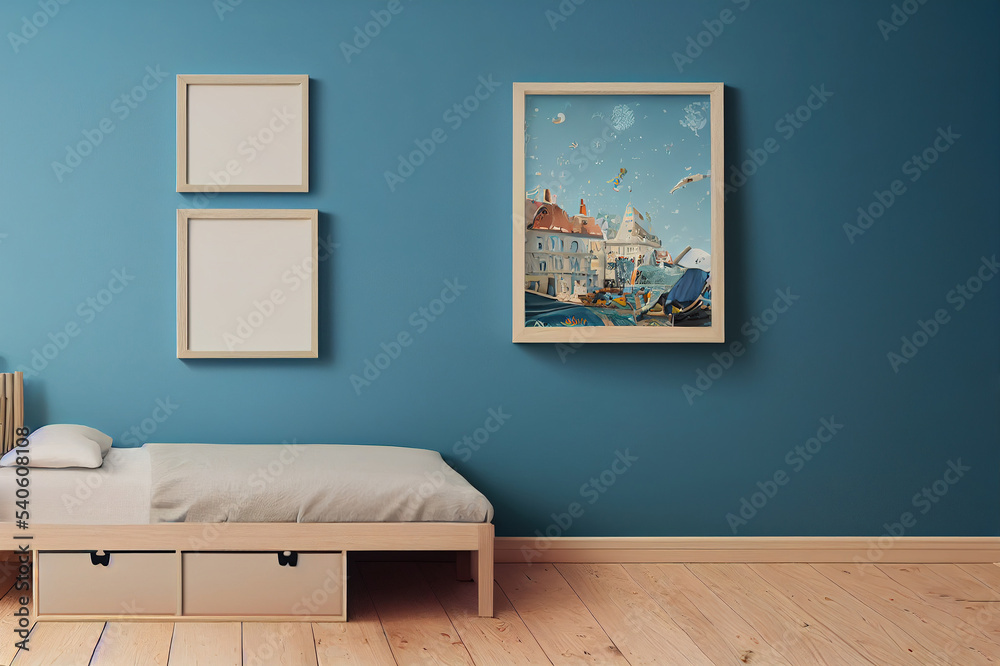 Fototapeta premium mock up poster frame in children's bedroom, Scandinavian style interior background, 3D render, 3D illustration