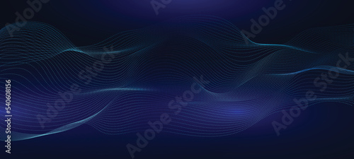 Wave music line of flowing particles abstract vector on dark blue background, smooth curvy shape circle dots fluid array. 3d shape dots blended mesh, future technology relaxing wallpaper.