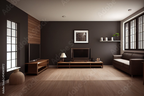 living room interior 3d render sofa gray table lamp background wood floor wooden wall template design texture