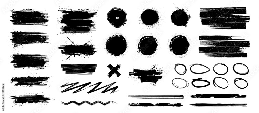 Brush stroke banners withy splashes and drops blots. Round strokes of paint, lines, circle grunge and spray graffiti blots, brush lines, rough smears, spots, underlines, strips. Dirty artistic design