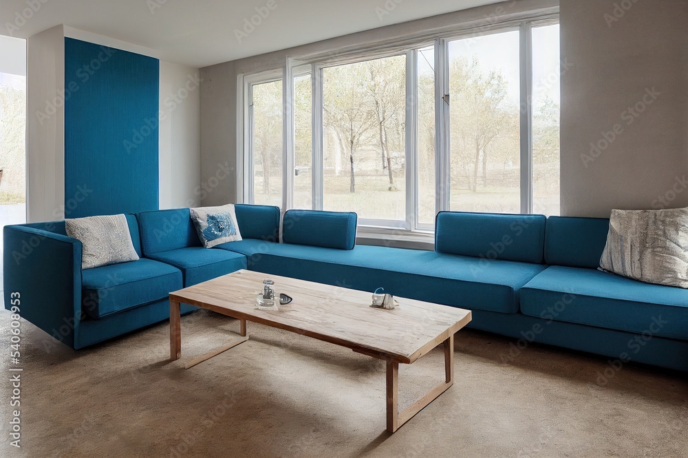 Fototapeta premium Room with blue sofa, bench, metal and wood table