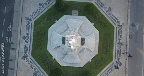 aerial top down view of Monument to the dead of World War II, located at Avenida da Liberdade in Lisbon, Portugal honors the fighters in WWI. photo