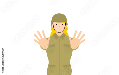 女性兵士のポーズ、ストップ！　両手を前に突き出す