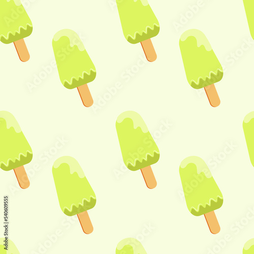 Pattern green ice cream on a stick on a white background. Vector drawing, flat, cartoon style. Design of postcards, printing on fabric, covers