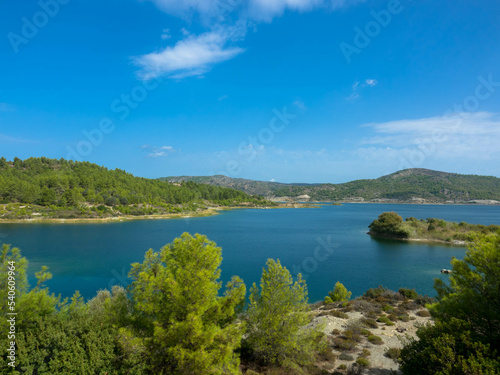 Panoramic view of Gadouras Dam. Solving the important and crucial water supply problems. Near the villages of Lardos and Laerma in the southern part of the island. Rhodes  Greece.
