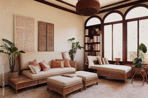 Papier peint Interior design of orient style living room with modern chaise longue, pillow ,rattan basket, books, plants, personal accessories and mock up paintings on the beige wall