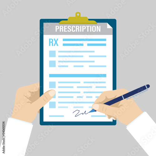 Medical worker holds pad with prescription blank. Doctor filled out and signs the prescription form. Hand uses pen to sign document. Health care, medicine and pharmaceuticals.