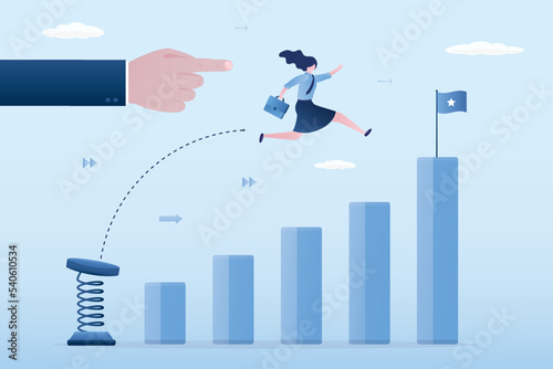 Big hand points right way. Business mentor helps to improve career with springboard. Businesswoman jumps above career ladder graph. Success growth, motivation opportunity, boost career concept.