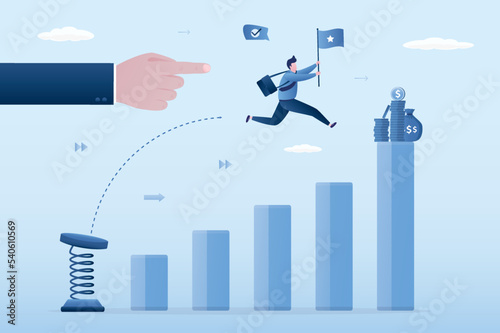 Hand points right way. Business mentor helps to improve career with springboard. Businessman jumps above career ladder graph. Success growth, motivation opportunity, boost salary and wealth.