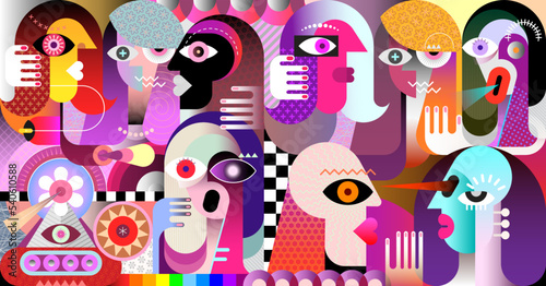 Large group of different people and abstract geometric design graphic art vector illustration.
