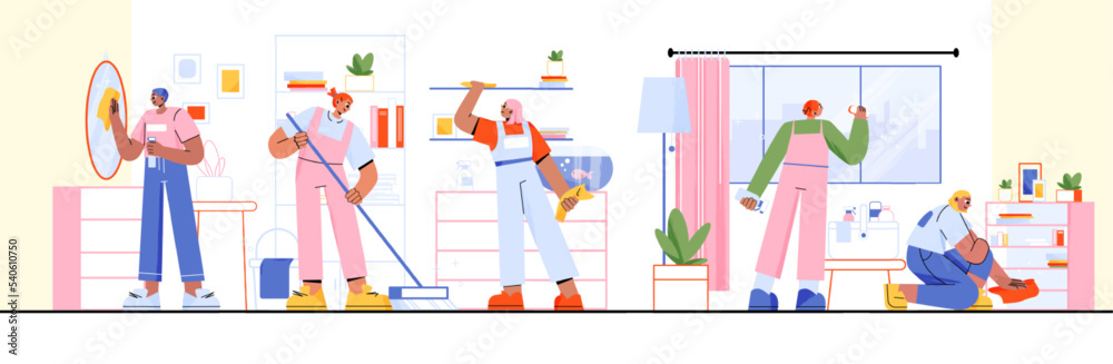 Cleaning service workers cleanup home or office interior. Janitors team in uniform work with tools, maids washing dirty room. Professional company employees with tools, Linear vector illustration