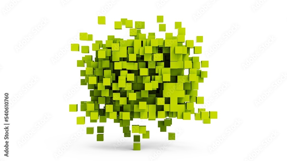 A set of many lime green cubes that are collapsing under white lighting background. Conceptual 3D CG of blockchain, financial system and personal data analysis. A set of many lime green cubes that are collapsing under white lighting background. Conceptual 3D CG of blockchain, financial system and personal data analysis.