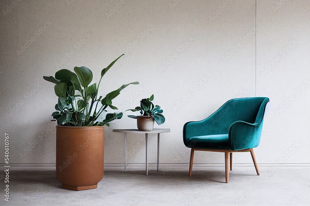 Velvet armchair next to small wooden table with green plant in pot, real photo with copy space on concrete wall