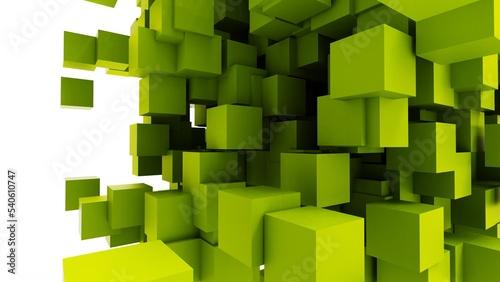 A set of many lime green cubes that are collapsing under white lighting background. Conceptual 3D CG of blockchain  financial system and personal data analysis.