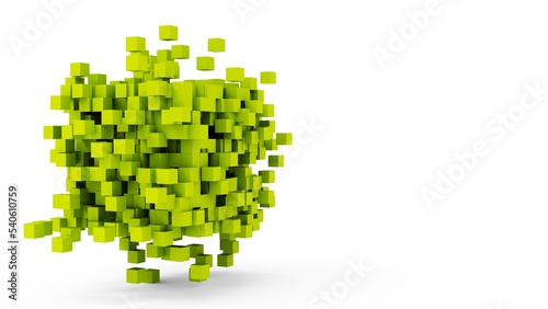 A set of many lime green cubes that are collapsing under white lighting background. Conceptual 3D CG of blockchain, financial system and personal data analysis.