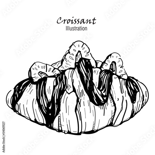 Hand Drawn Sketch Croissant with topping Chocolate Nutella and Strawberry. on white background  outline monochrome ink style. 