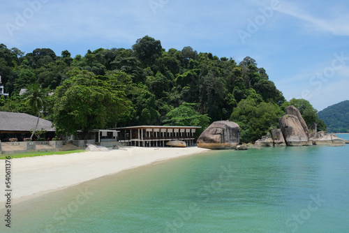 Beautiful malacca strait  overlooking the stilt house at Pangkor Laut with lush of greenery and southeast asia style of architecture.