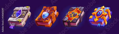 Magic spell books, fantasy alchemy grimoires with bizarre covers crystal, bird skull, monster eyeball, teeth or tongue, potion bottle and lava. Closed wizard diary, Cartoon Vector illustration, set