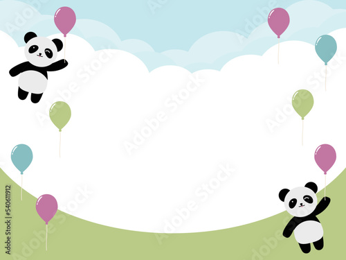 風船で遊ぶパンダの背景　横位置　草原