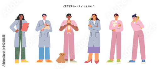 Veterinarians in uniform stand with animals. flat vector illustration.