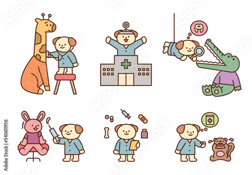 Various animals are being treated in a hospital with a dog veterinarian. flat vector illustration.