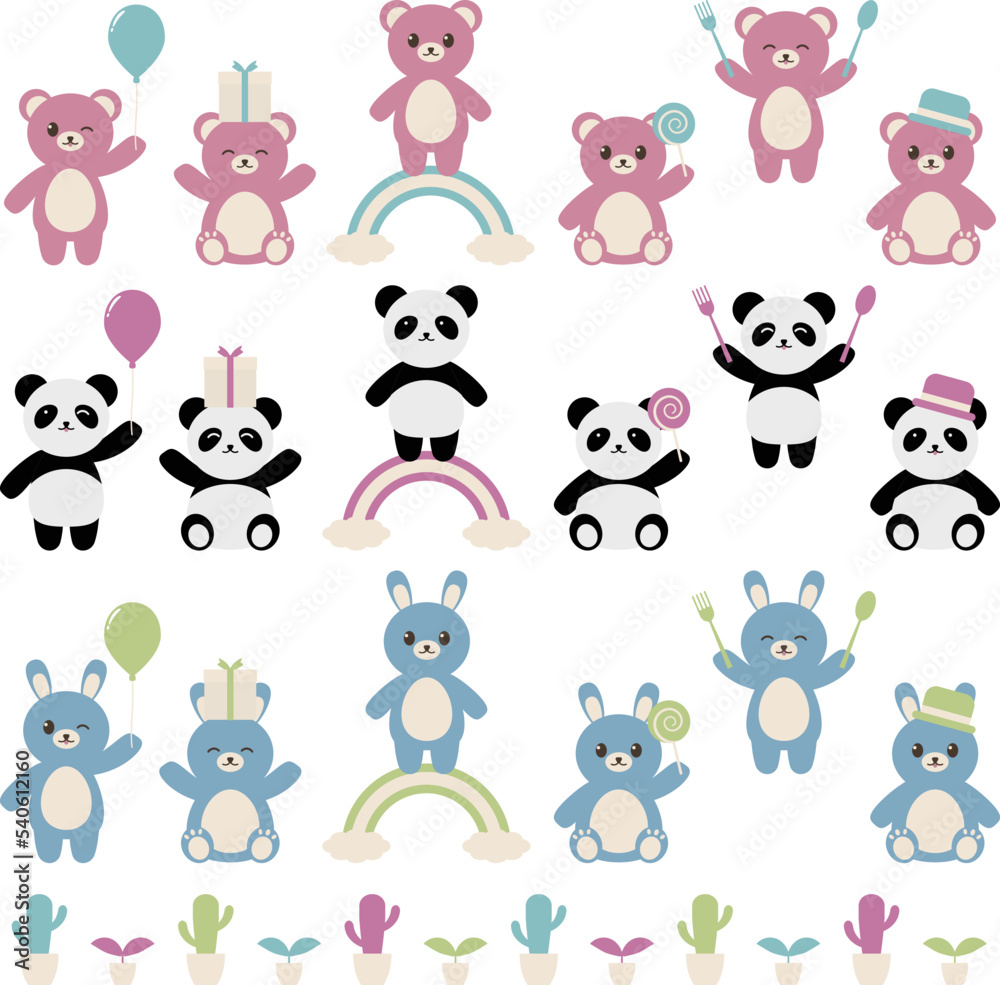 Obraz premium クマとウサギとパンダの装飾セット