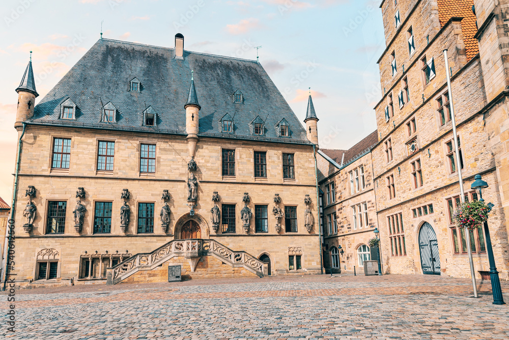 Beautiful Gothic city hall or Rathaus building in Osnabruck, Lower Saxony in Germany. Tourist and architectural attraction